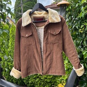 Brown and Cream Corduroy Jacket with fuzzy cuff and collar lining